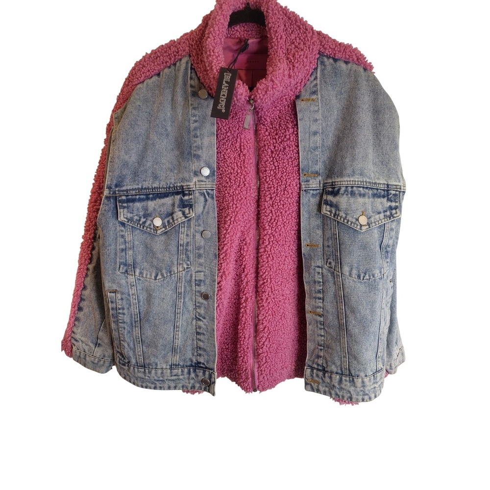 BLANKNYC Pink Sherpa Denim Mixed Media Jacket Faux Fur Teddy Zip Up 01WK5985 M